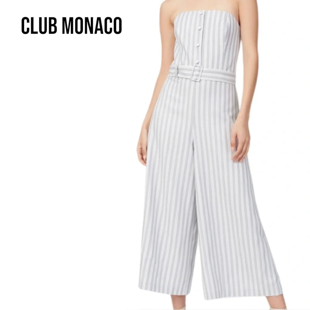 Club Monaco BLUE STRIPE ALBERRTAH JUMPSUIT Size 4 COASTAL CROPPED WIDE LEG EUC - Picture 1 of 8